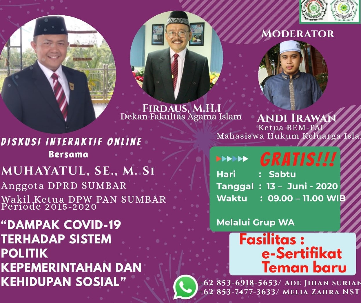 BEM-FAI UMSB Mengadakan Diskusi Interaktif Online ditengah Pandemic Covid-19.