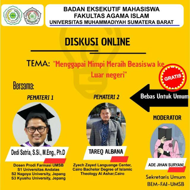 Adakan Diskusi Online, BEM FAI UMSB Angkat Tema Menggapai Mimpi Meraih Beasiswa ke Luar Negeri