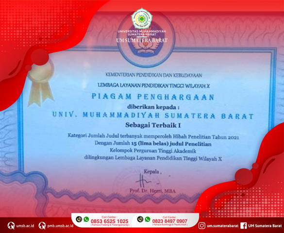 UNIVERSITAS MUHAMMADIYAH SUMATERA BARAT MERAIH PENGHARGAAN TERBAIK 1 DALAM KATEGORI JUMLAH JUDUL TERBANYAK MEMPEROLEH HIBAH PENELITIAN TAHUN 2021