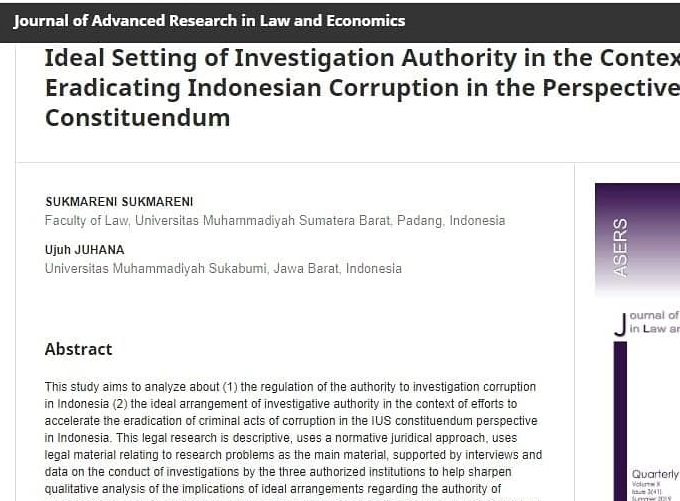 Dosen Fakultas Hukum UMSB Publish di Jarle Rumania Scopus Q3.