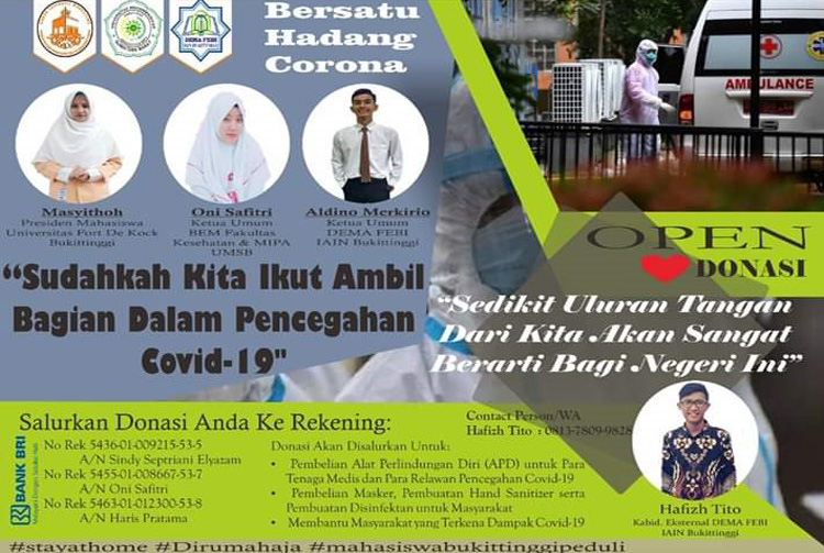 BEM Fakultas Kesehatan dan MIPA UMSB Bekerjasama dengan BEM Dema Febi IAIN Bukittinggi dan Universitas fort de kock dalam Penggalangan dana secara online