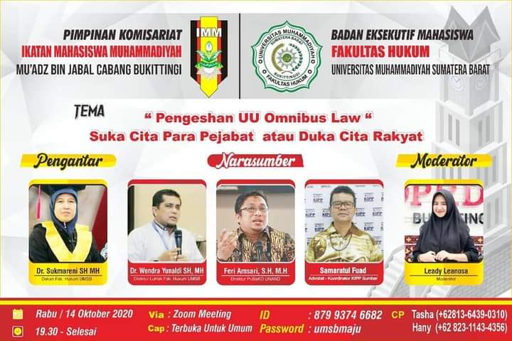 Webinar IMM dan BEM Fakultas Hukum UMSB, "PENGESAHAN UU Omnibus Law" Suka Cita Para Pejabat atau Duka Cita Rakyat”